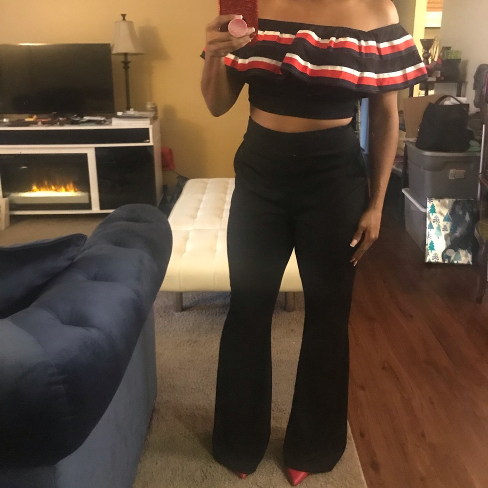 2 pc cropped ruffle top and wide leg pants